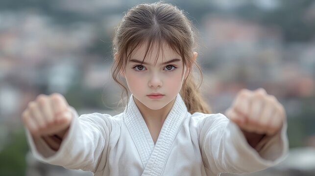 A focused young girl practices martial arts, showcasing strength and discipline while wearing a traditional uniform