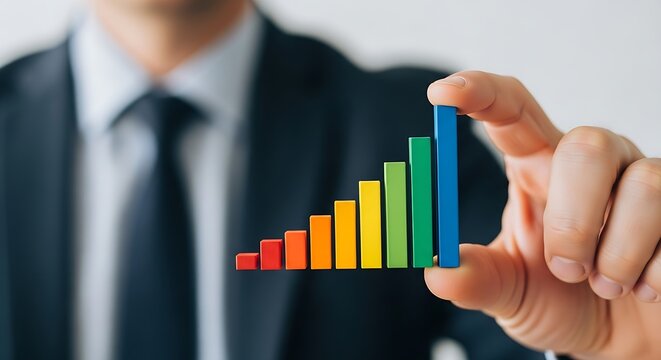 Businessman holding a colorful bar graph representing business growth and success