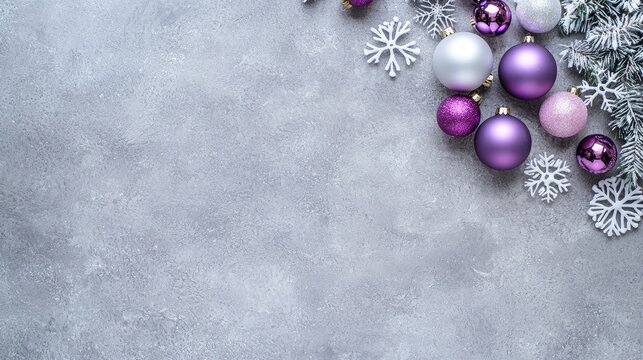 Festive pastel-colored Christmas ornaments with snowflakes create a cheerful atmosphere on a grey background perfect for holiday decorations and greeting cards