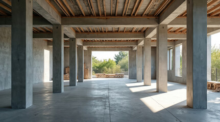 Large interior space with concrete pillars and unfinished walls. Daylight streams through large openings. Nature visible outside green trees. Raw architecture.