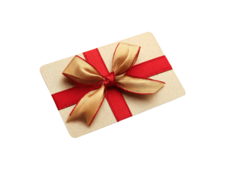 Gold card with red and gold ribbon bow gift present, Isolated, Png Transparent Background