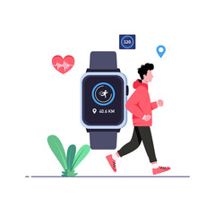 Man Running with Smart Fitness Watch. Vector Illustration of Wearable Health Tracker.