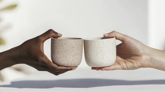 Two hands, one black and one light-skinned, hold matte clay drinkware cups. The cups are speckled and have a minimalist design. Soft lighting enhances the scene.