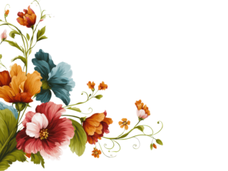 Vintage Floral Corner Arrangement With Orange Teal Red Blooms border, Isolated, Png Transparent Background
