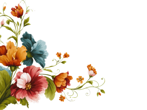Vintage Floral Corner Arrangement With Orange Teal Red Blooms border, Isolated, Png Transparent Background
