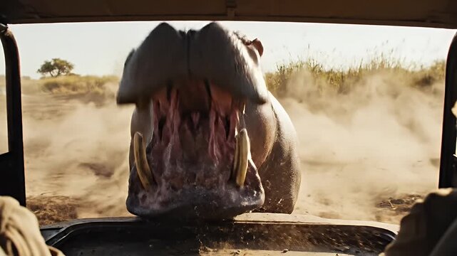 aggressive hippo, male hippopotamus, animal attack, African wildlife, wild animal, nature habitat, Hippopotamus amphibius, safari scene, wildlife behavior, territorial animal, dangerous wildlife, rive