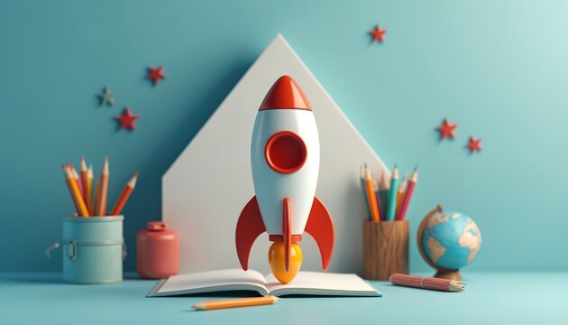School supplies include rocket over open book. Globe, pencils shown. Stars decorate wall. Back to school theme, education concept. Space exploration and academic goals for students shown.