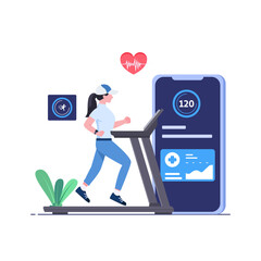 Illustration of a woman running on a treadmill in a gym setting, conveying the concept of fitness and exercise. Flat cartoon vector illustration