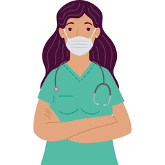 Portrait Of A Nurse Wearing A Medical Face Mask And Scrubs With A Stethoscope Around Her Neck Standing Arms Crossed In A Studio Portrait Against A White Background With Neutral Lighting