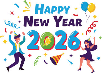 Isolated a Happy new year title design 2026 elements party man and women dancing vector art with white background.