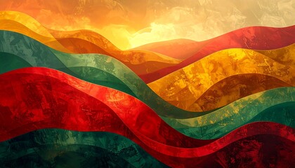 Abstract landscape with undulating colorful layers and a textured sky