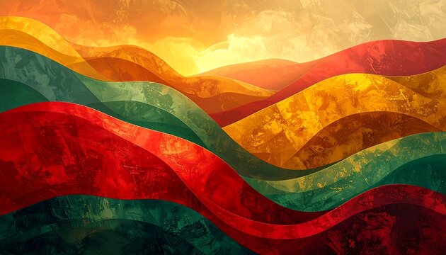 Abstract landscape with undulating colorful layers and a textured sky