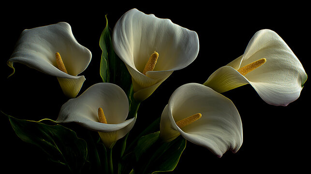 A bouquet of five white calla lilies against a black background. The flowers have yellow stamens and green leaves, creating an elegant composition.