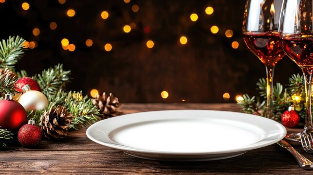 Festive Christmas table set with an empty menu card, adorned with candles and lights, inviting a joyful dinner celebration