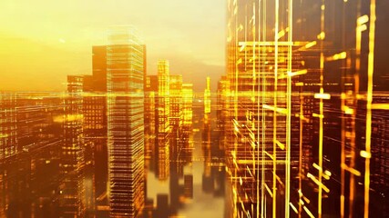 Futuristic cityscape connection with golden digital data flow - Powered by Adobe