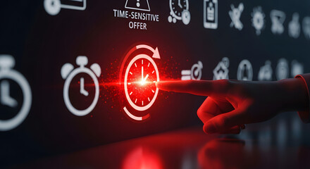 Hand interacts with glowing red clock icon on digital screen