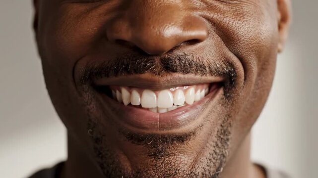Extreme close up of a middle aged african american man's mouth smiling, revealing perfect white teeth and expressing genuine happiness through his joyful facial expression