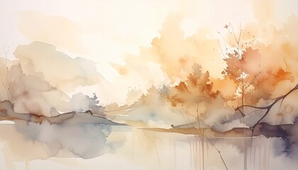 Serene abstract landscape painted in warm watercolor tones, depicting a tranquil lakeside with autumn foliage and soft glowing light
