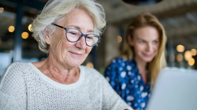 Elderly woman with white hair and glasses is engaged with laptop, showcasing active aging and connection with younger professional, camera zooms in