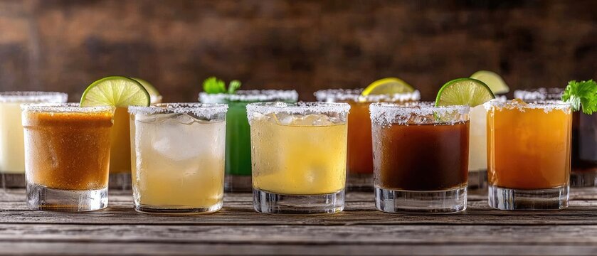 Colorful spicy saffron margaritas with lime on a rustic wooden table for a festive Mexican cocktail party scene