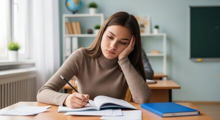 Pensive young female student diligently focuses on writing important notes during a challenging academic lesson in a modern classroom