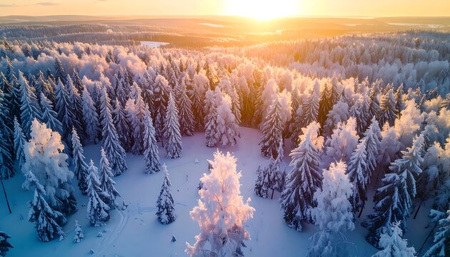 Aerial view of snow-covered evergreen forest glowing under a bright, warm winter sunset, horizon visible - Powered by Adobe