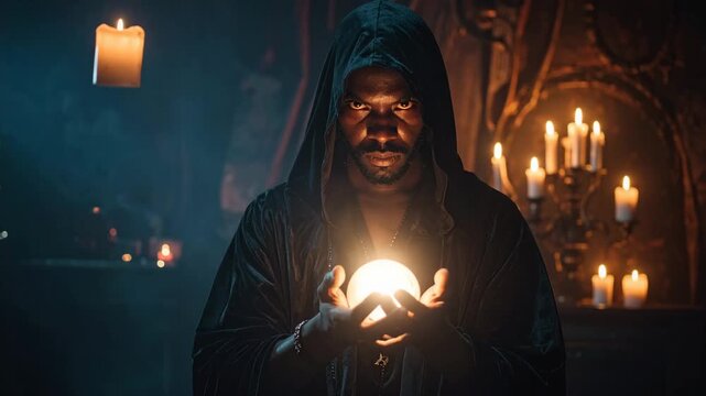 Mysterious African American Wizard Casting a Glowing Spell with Floating Candles