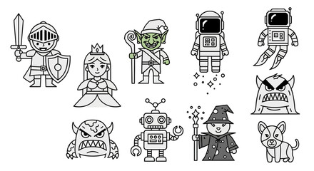 Line art cartoon characters featuring knight, princess, goblin, astronauts, robot and cute dog
