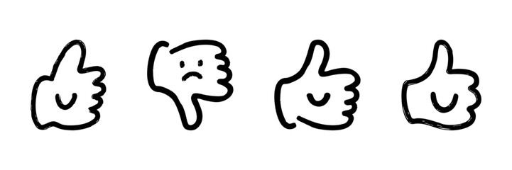 Fototapeta premium Thumbs Up And Down Line Icon Set In Doodle Style. Feedback And Approval Symbols Outline Sketch Collection. Hand Drawn Isolated Vector Illustration