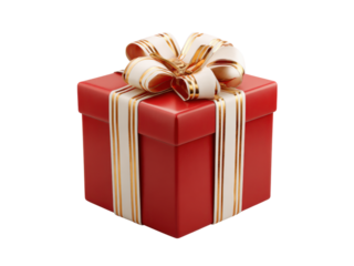 Red gift box with white and gold ribbon image, Isolated, Png Transparent Background