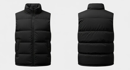 Illustration of black puffer vest, front and back view mockup