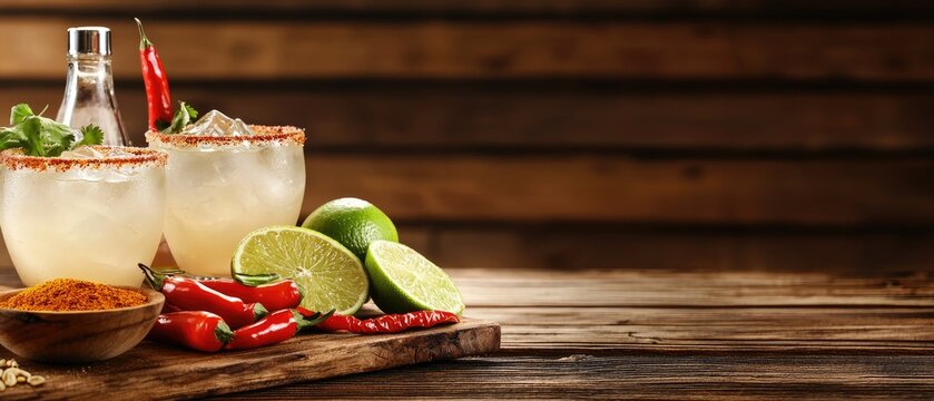 Colorful margaritas with lime and spice on a rustic table create a fun atmosphere for gatherings with friends at home or in a restaurant