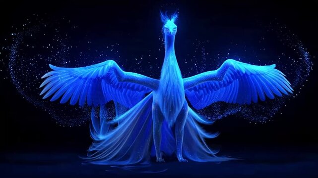 Glowing blue phoenix with outstretched wings against a black background.