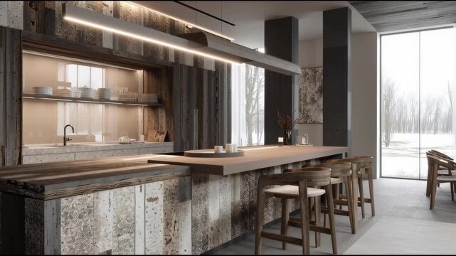 Modern rustic kitchen interior with wood panel design, large island, barstool seating, and natural light creates cozy, calm atmosphere despite debt