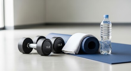 Ready for a vibrant workout with dumbbells, yoga mat, and water bottle to achieve fitness goals and embrace a healthy lifestyle with mindful exercise