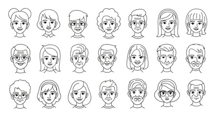 Diverse group of people represented by various hand-drawn faces with different age and features
