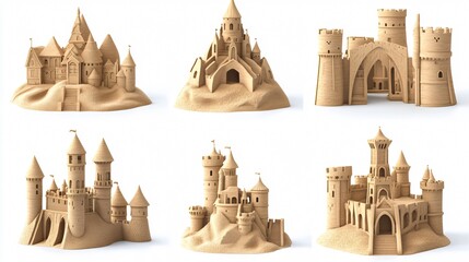 Intricate sand castle structures on white background