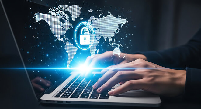 Person using laptop with digital global security lock over keyboard for online data protection concept