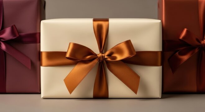Cream and copper gift box, exquisitely wrapped with a luxurious satin ribbon, presented among other festive packages, evokes thoughtful celebration and joyful holiday gifting