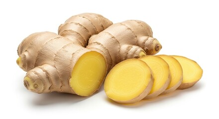 Illustration of fresh ginger root and slices, healthy spice