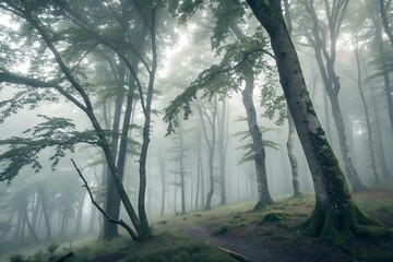 Obraz premium Misty forest covers hillsides in China.