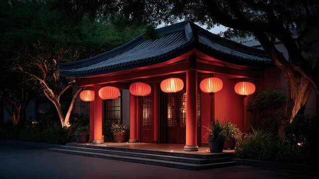 Tang Style Architecture with Red Lanterns at Night Exhibits Classic Charm