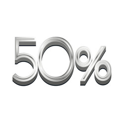 3D Rendered Silver Metallic Text "50%" - Chrome Percentage Symbol Isolated on White for Sales and Discount