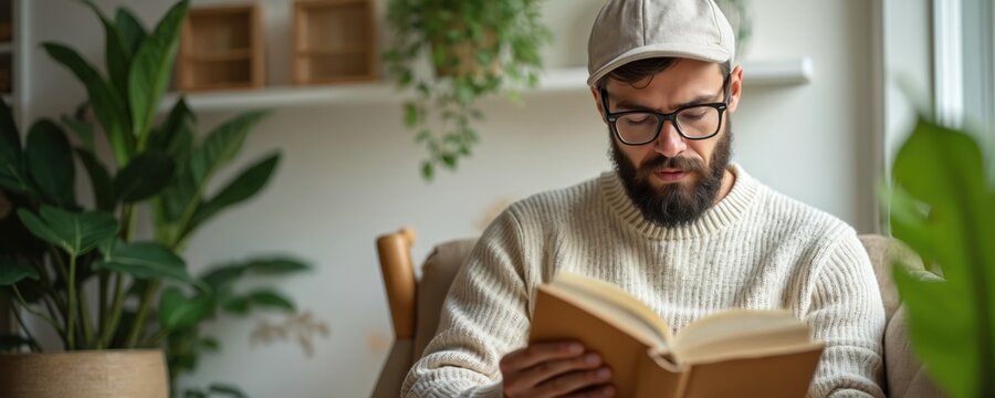 Man wearing glasses reads book in comfy room filled with green plants. Bearded guy relaxes in armchair, engrossed in story, calm interior ambiance. Casual attire, cozy atmosphere, thoughtful mood.
