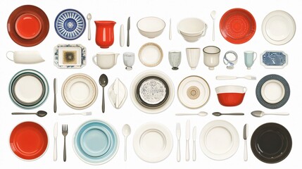 Collection of assorted tableware on white backdrop
