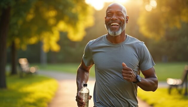 Smiling elderly black man jogs on path in green park. Holds clear water bottle, wears modern smart watch. Senior male runs for fitness, health maintenance, enjoys warm morning sun, active sporty