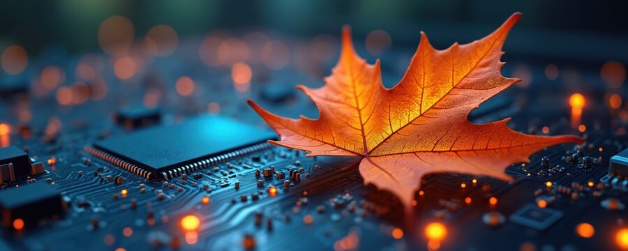 Orange autumn leaf rests on complex circuit board with glowing blue and orange lights. Macro shot, shallow depth of field, representing nature and tech merging in future.