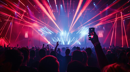 Vibrant night music festival with Neon Lights and Laser Effects, crowd with hands up inside a hall.