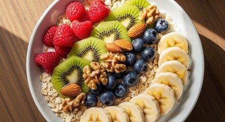 Energizing breakfast bowl with vibrant raspberries, kiwi, blueberries, and banana slices for a delicious and healthy start to your day