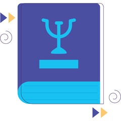 Purple Book With Blue Psychedelic Symbol On Cover And Teal Blue Accents With Orange Arrows and Swirls On White Background